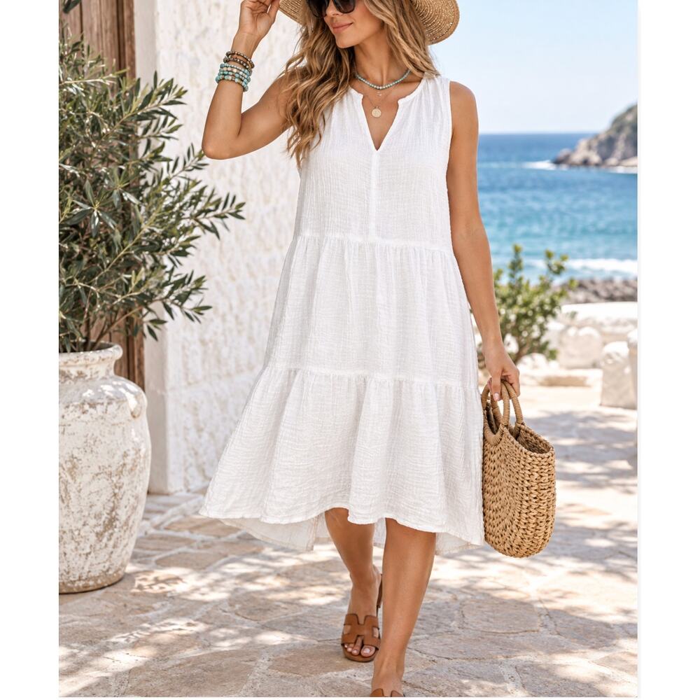 C&C California White Cotton Gauze Tiered Midi Dress L Boho Beach Resort Summer